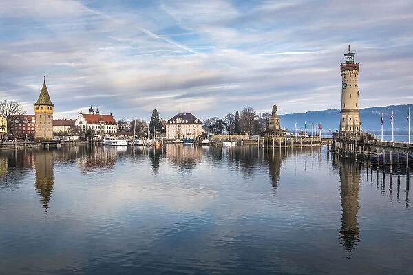 Harbor with Mangturm and lighthouse, Lindau on Lake Constance, Swabia, Bavaria, Germany