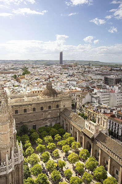 A high view of Seville Cathedrals Patio de los Naranjos, from Giralda Tower