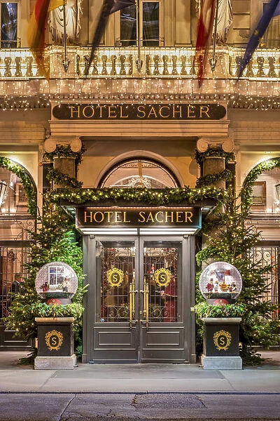Hotel Sacher entrance decorated with Christmas lights, Vienna, Austria