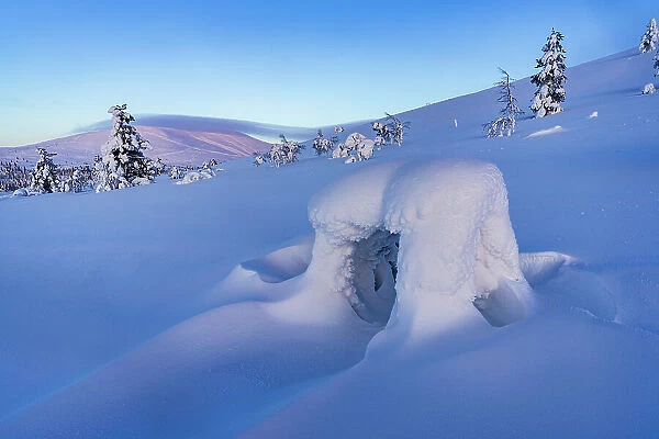 Ice sculptures wrapped in snow at dawn, Lapland, Finland