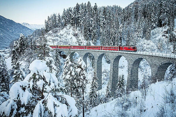 Iconic Swiss red train traveling in the snowy woods from Filisur to Tiefencastel railway station, Graubunden canton, Switzerland