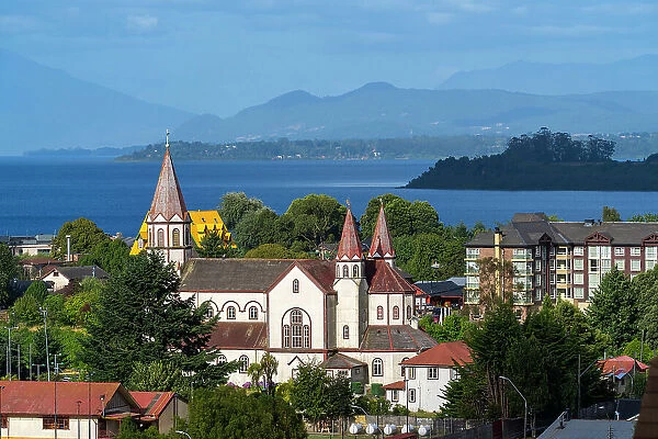 Iglesia del Sagrado Corazon de Jesus and Lake Llanquihue, Puerto Varas, Llanquihue Province, Los Lagos Region, Chile