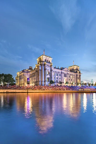 Illuminated Reichstag, River Spree, Berlin, Germany