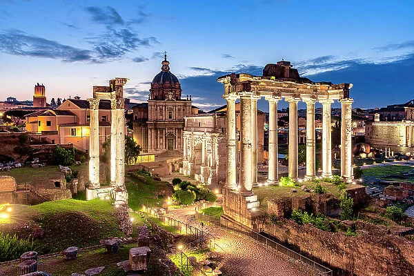 Imperial Roman Forums at dusk, Rome, Italy