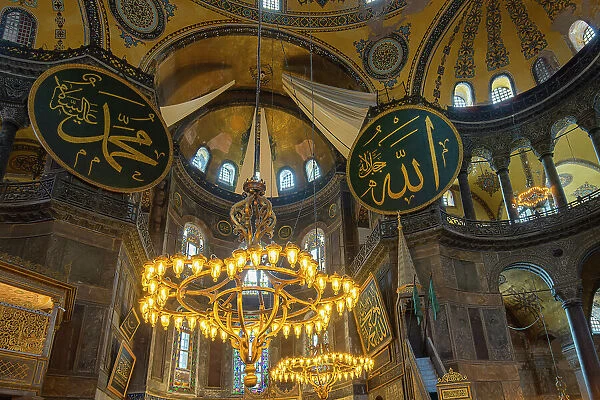 Interior with chandeliers inside Hagia Sophia Mosque, Sultanahmet, UNESCO, Fatih District, Istanbul Province, Turkey