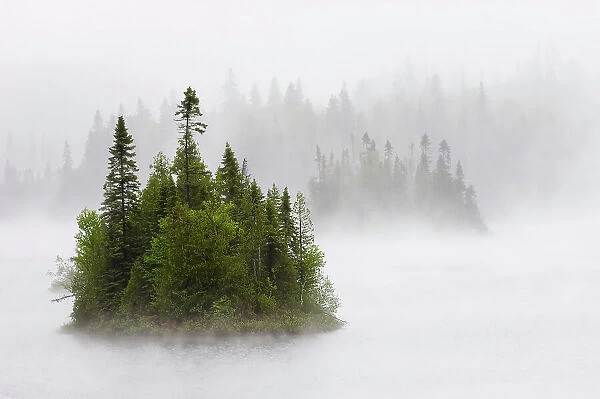 Islands on Fenton Lake in fog and rain Lake Superior Provincial Park, Ontario, Canada