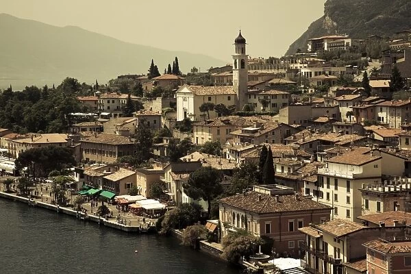 Italy, Lombardy, Lake District, Lake Garda, Limone sul Garda, town view with San Benedetto church