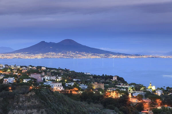 Italy, Naples, view of Naples, Posillipo town and Mt. Vesuvius