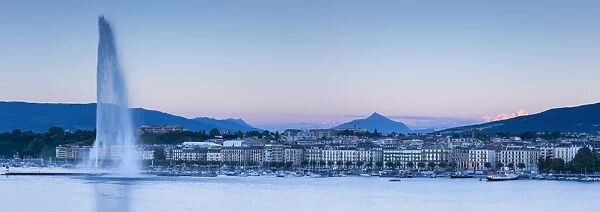 Jet d eau on Lake Geneva, Mont Blanc in the distance, Geneva, Switzerland