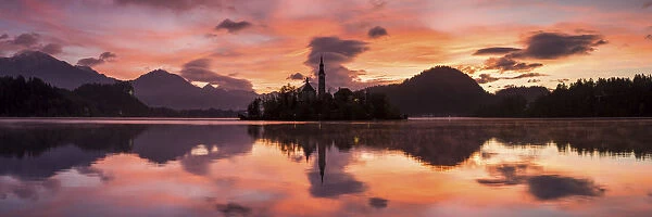 Lake Bled at Sunrise with Assumption of Marys Pilgrimage Church, Slovenia, Europe