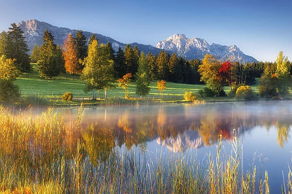 Lake Hergatsried against Mt. Saeuling, Ammergauer Alps, Allgaeu, Alps, Bavaria, Germany