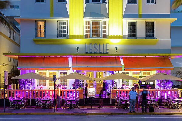 Leslie Hotel & Restaurant on Ocean Drive at dusk, Miami, United States of America