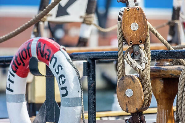 Lifebuoy and ropes on the sailing ship Fridtjof Nansen (1919) in the port of Wismar, Mecklenburg-Western Pomerania, Baltic Sea, Northern Germany, Germany