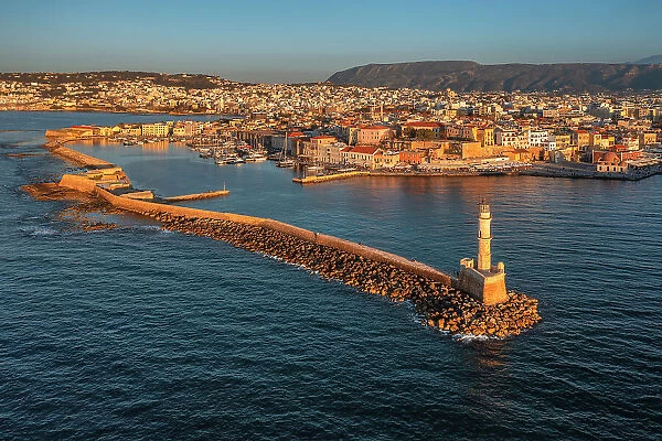 Lighthouse at the old Ventian harbour, Chania, Crete, Greek Islands, Greece