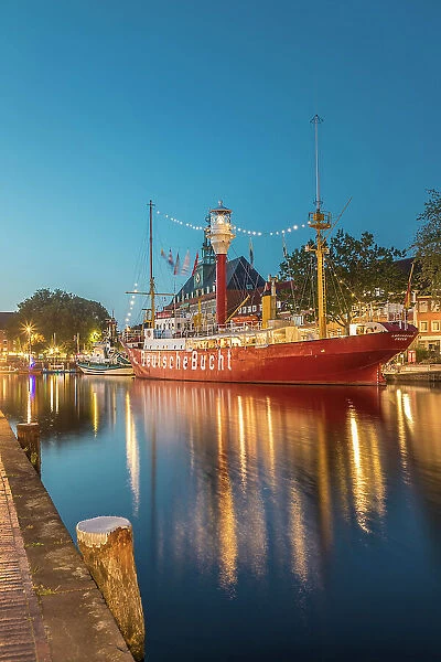 Lightship Amrumbank in the Ratsdelft at blue hour, Emden, East Frisia, Lower Saxony, Germany