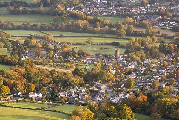 Llangattock village surrounded by autumnal foliage, Crickhowell, Brecon Beacons, Powys