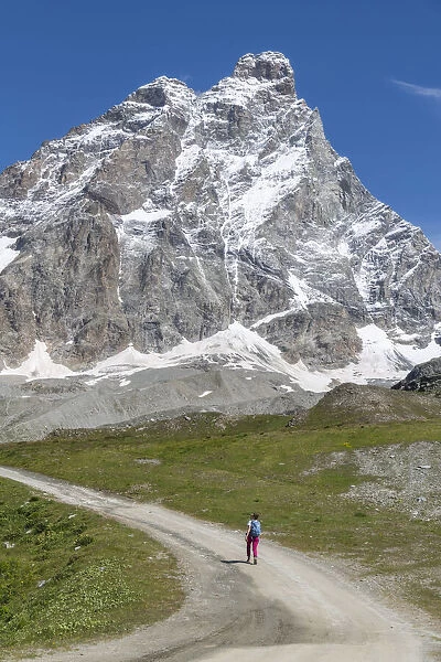 A lonely person hiking under the Matterhorn (Cervino) during a sunny summer day in the Italian Alps