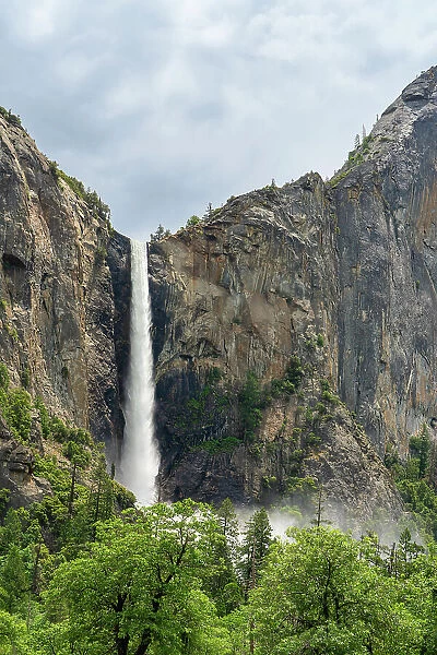 Low angle view of Bridalveil Fall, Yosemite National Park, UNESCO, Sierra Nevada, California, USA