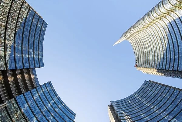 Milan, Lombardy, Italy. Upward view of the skyscrapers of the Porta Nuova business
