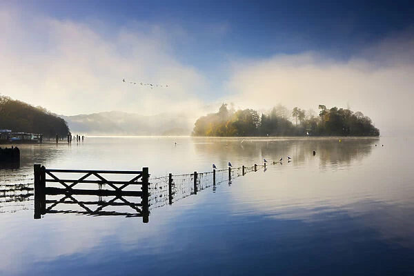Misty morning on the shores of Derwent Water, Lake District National Park, Cumbria