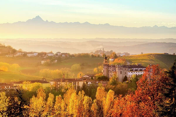 Monferrato hills with foliage and view of Costigliole d'asti, Costigliole d'asti, Piedmont, Italy
