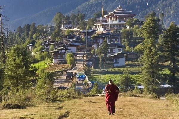 Monk leaving Gangtey Dzong (monastery), & village, Phobjikha Valley, Bhutan