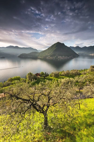 Monte Isola view at sunset from Sulzano, Brescia province, Italy, Lombardy district