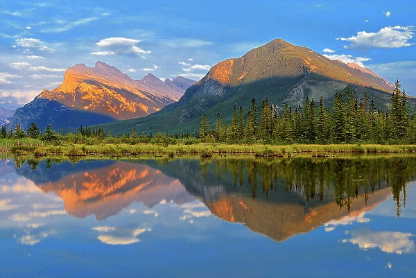 Mt. Rundle and Sulfur Mountain reflected in Vermillion Lakes, Banff National Park, Alberta, Canada