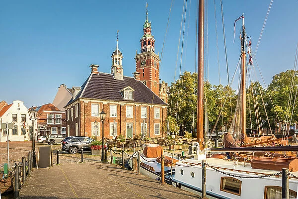 Museum harbor with a view of the town hall, Leer, East Frisia, Lower Saxony, Germany