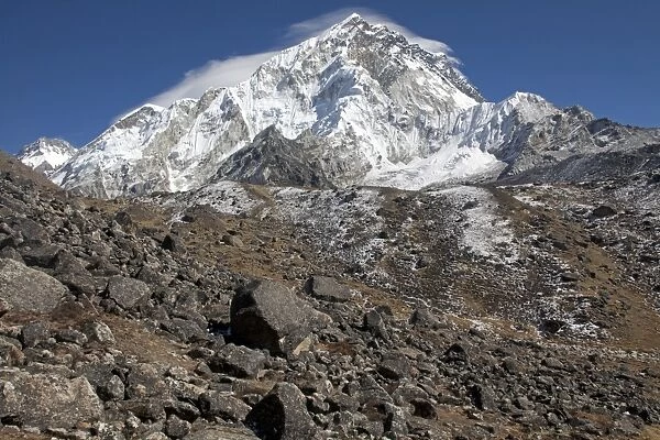 Nepal, Everest Region, Khumbu Valley. Mount Everest view from the edge of lateral moraine on the Khumbu