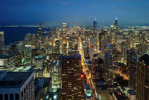 Night aerial view of downtown skyline, Chicago, Illinois, USA