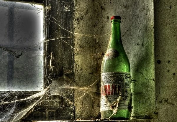 Old Bottle on a window, deserted farm near San Quirico d Orcia, Valle de Orcia