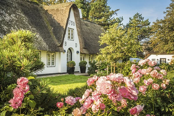 Old thatched captain`s house in Keitum, Sylt, Schleswig-Holstein, Germany