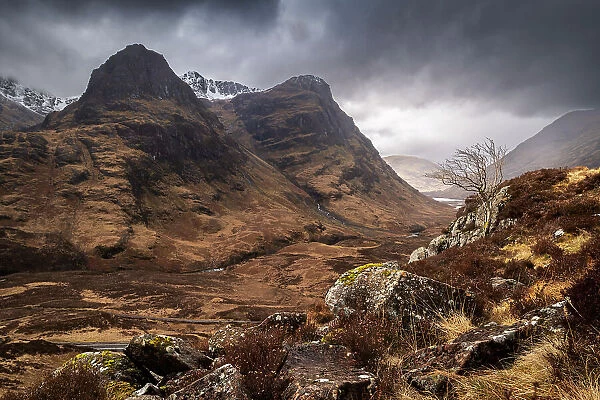 Overlooking the Pass of Glencoe and Three Sisters mountains, Glencoe, Scotland, UK. Spring (March) 2023