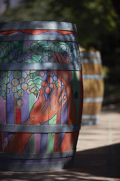 A painted barrel at the entrance of the 'Altalaluna - Hotel Boutique & SPA', Tolombon, near Cafayate, Calchaqui Valleys, Salta province, Argentina