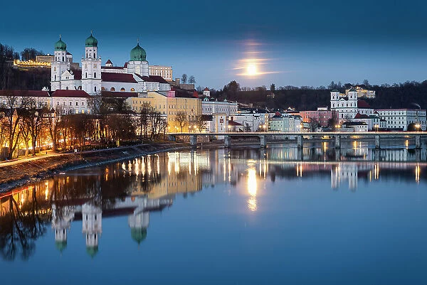 Passau in the moonlight. Europe, Germany, Passau, Bavaria district