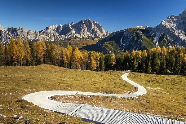Path Leading to Cristallo Mountains in Autumn, Dolomites, Italy