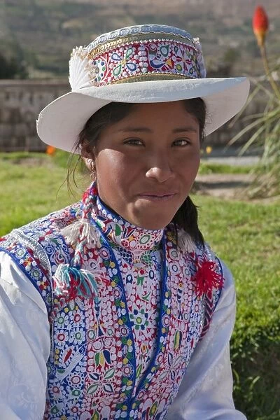 Peru, A Collaya women in traditional dress at the main square of Yanque