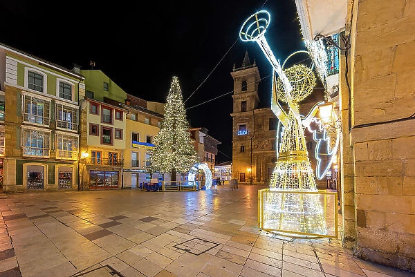 Plaza Ayuntamiento adorned with Christmas lights, Oviedo, Asturias, Spain
