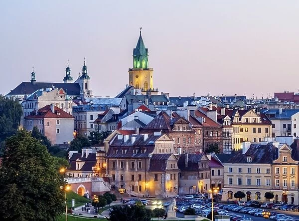 Poland, Lublin Voivodeship, City of Lublin, Old Town Skyline at twilight