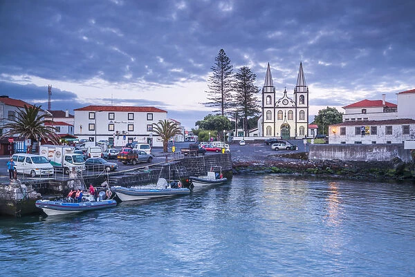 Portugal, Azores, Pico Island, Madalena, harbor view with the Igreja de Santa Madalena
