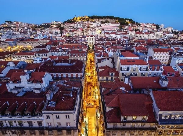 Portugal, Lisbon, Miradouro de Santa Justa, Twilight view over downtown and Santa