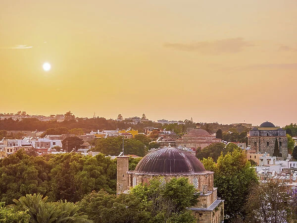Recep Pasha Mosque and Medieval Old Town at sunset, Rhodes City, Rhodes Island, Dodecanese, Greece