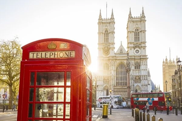 Red telephone box & Westminster Abbey, London, England, UK