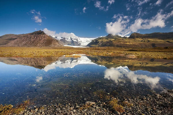 Reflection of glacier Svinafellsjokull, Hornafjorour, Austurland, Iceland
