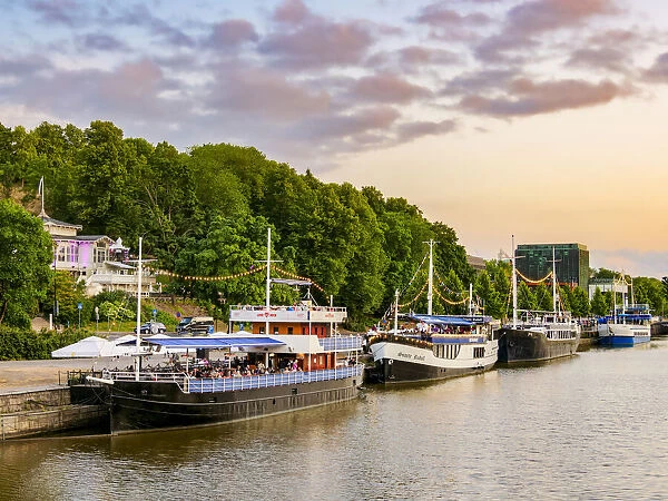 Restaurant Boats at the Aura River at sunset, Turku, Finland