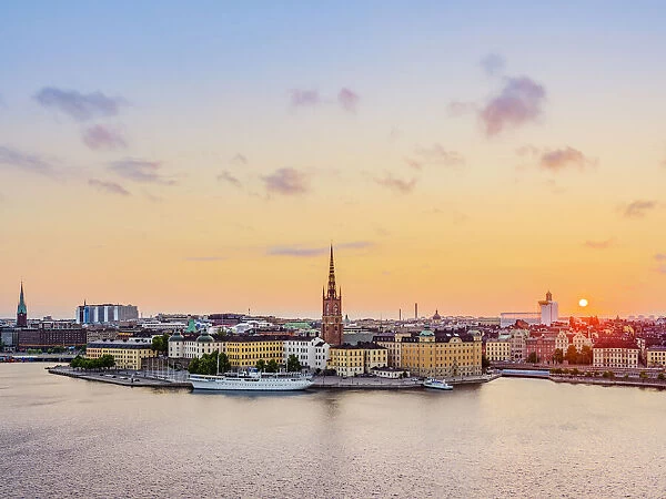 Riddarholmen Island and Gamla Stan at sunrise, elevated view, Stockholm, Stockholm County, Sweden