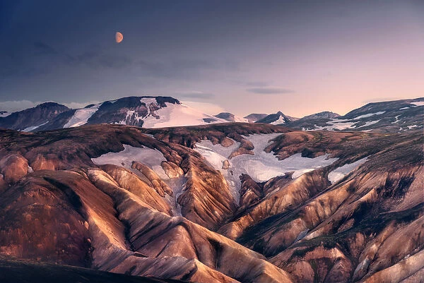 Rising moon over the Landmannalaugar hills, Highlands of Iceland