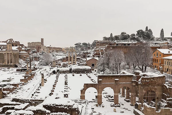Ruins of Roman Forum covered by the snow after the great snowfall of Rome in 2018 Europe