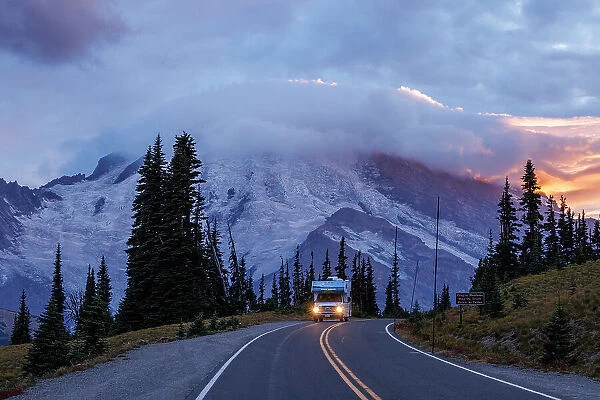 RV on a road to Rainier, Sunrise, Mount Rainier National Park, Washington, USA